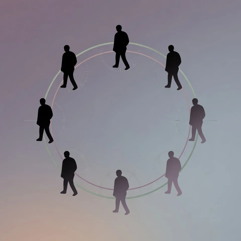 A repeating visual motif showing the same relational shape appearing across different faces.