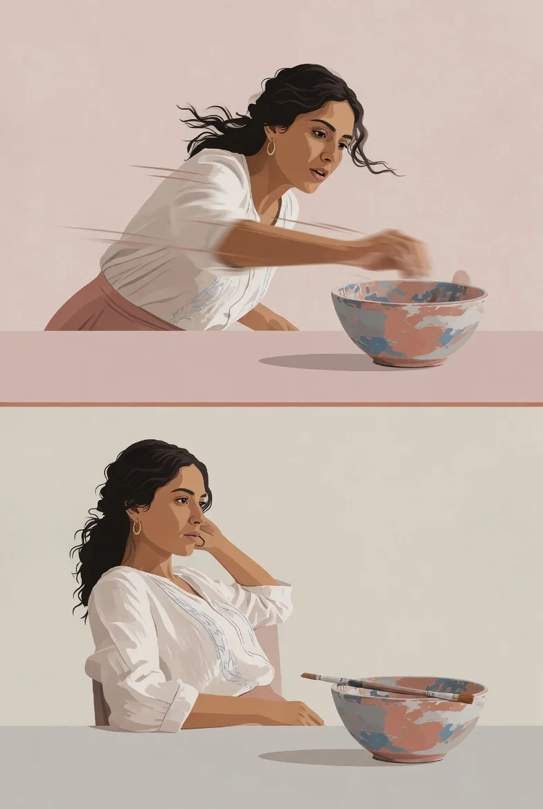 Contrasto diviso: stessa donna in movimento nella metà superiore, ferma in quella inferiore, il divario tra intenzione e azione