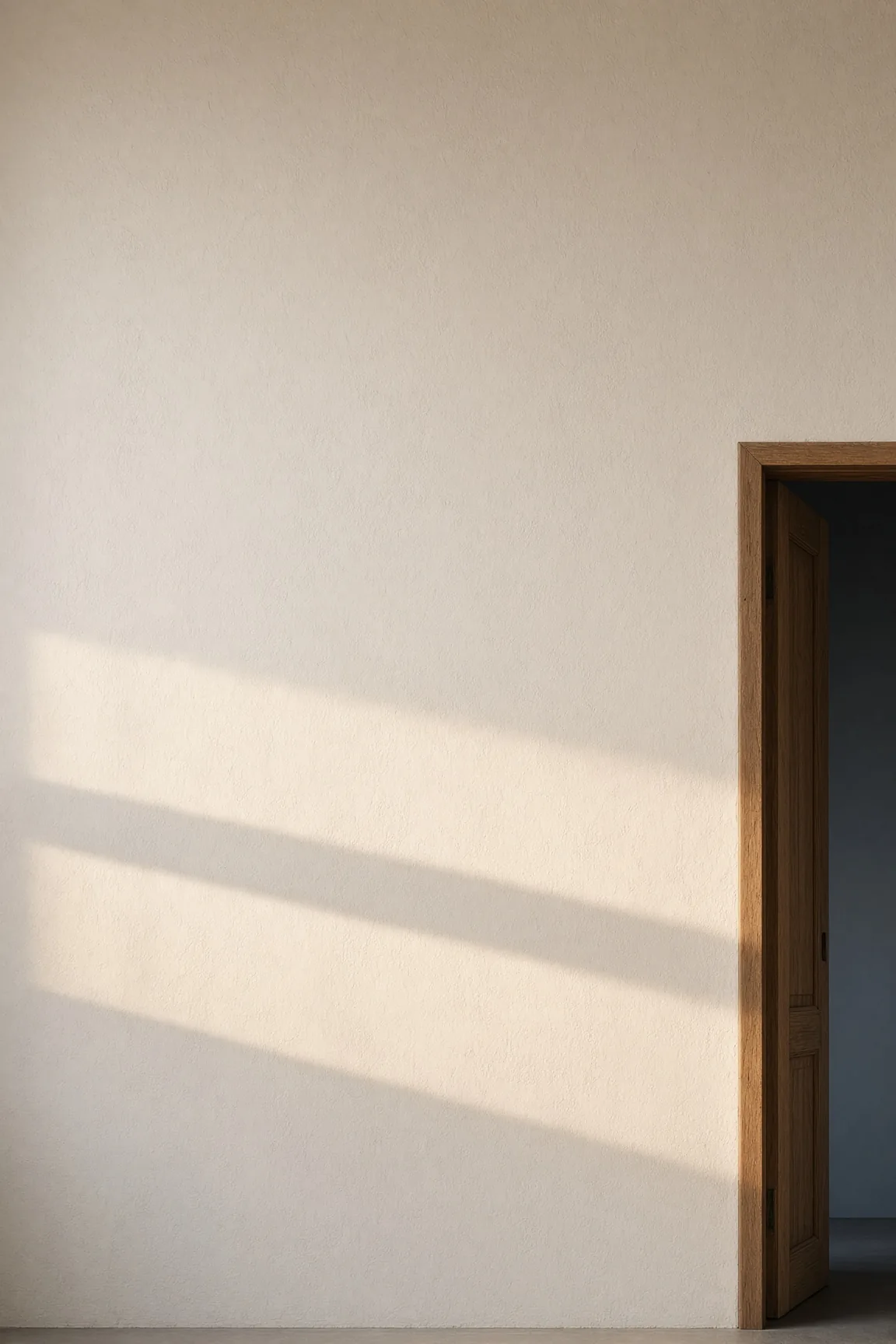 Topla sunčeva svetlost pada na teksturiranu bež malterisanu stenu i ivicu tihog unutrašnjeg okvira vrata, dve meke prirodne senke kratko se preklapaju.